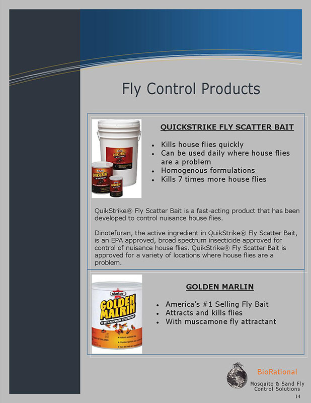 Brochure page 14 Fly control products, Quickstrike scatter bait and Golden Marlin