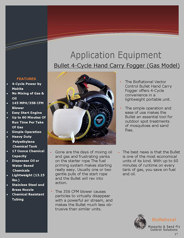 Brochure page 17 BioRational Bullet gas powered mosquito hand fogger