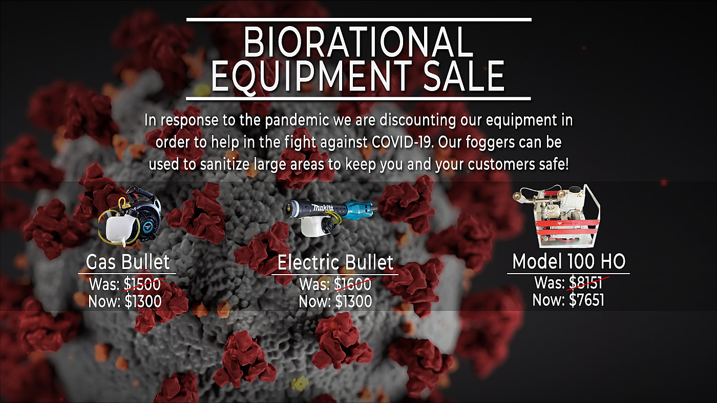 Closeup of COVID-19 virus and mosquito fogging equipment sale